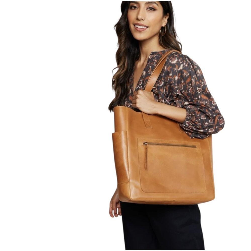 ABLE Structured Tote Shoulder Bag Full Grain Leather Functional Work Cognac OS